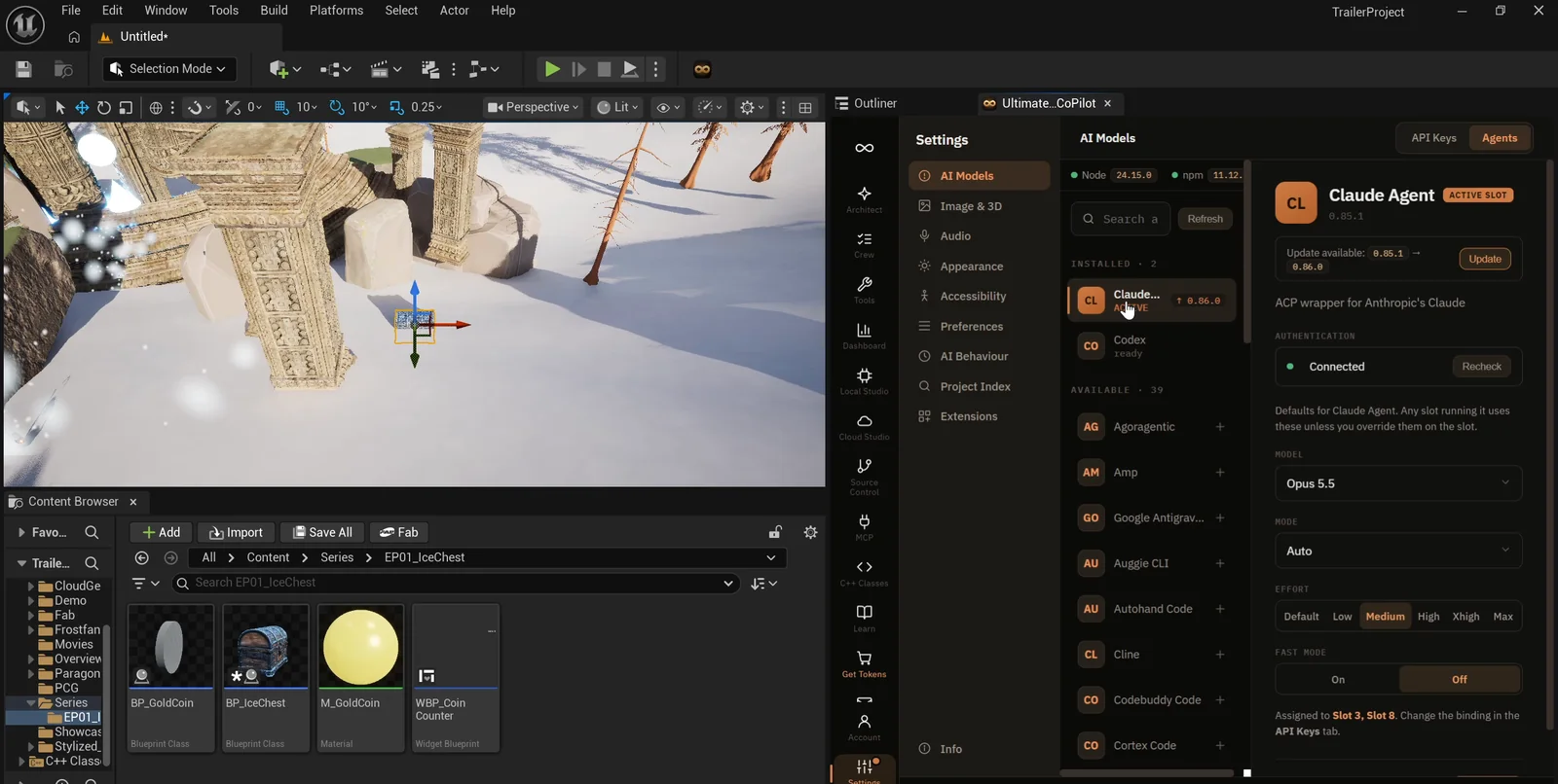 The Agents tab in Ultimate Engine CoPilot with the Claude Agent active and connected