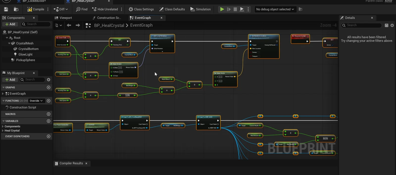 The event graph of BP_HealCrystal in the Blueprint editor