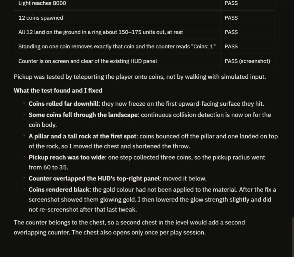The AI's report with a table of passing checks and a list of what the test found and fixed