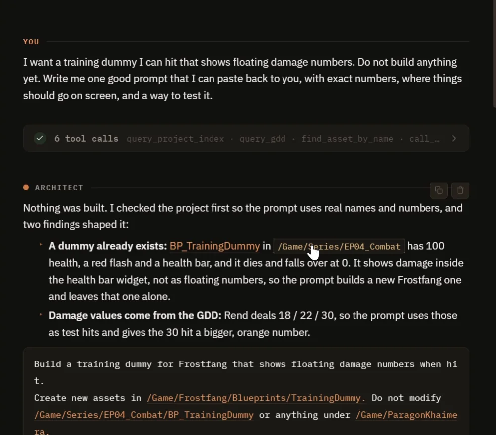 The one-sentence request in the CoPilot chat, followed by the two findings that shaped the prompt