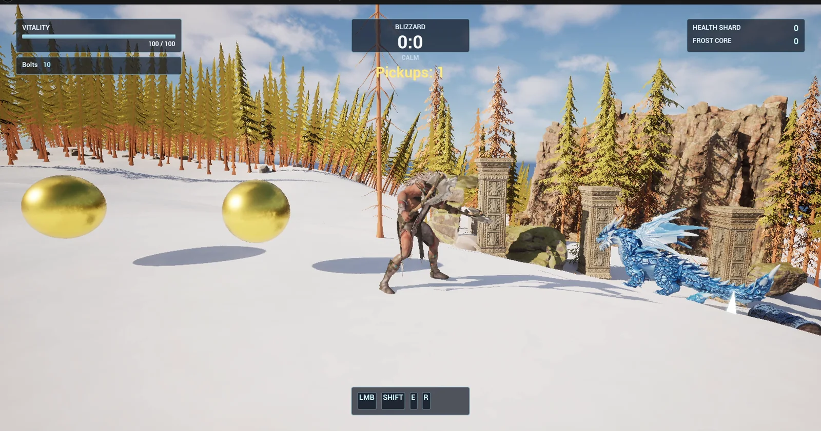 A spinning gold coin in the snow and the Pickups counter at the top of the screen