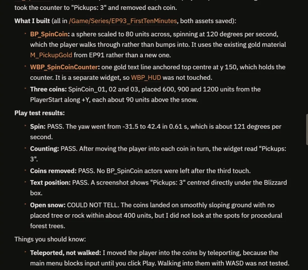 The AI's report for the coin build with the play test results and the things to know