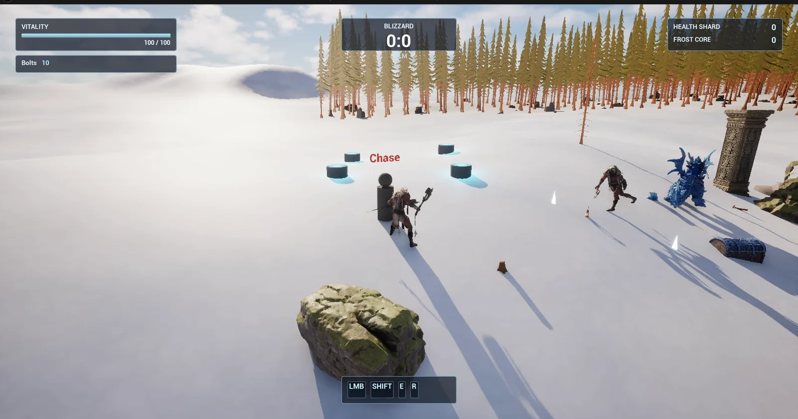 The guard with the red Chase text above its head, next to the four waypoint posts in the snow