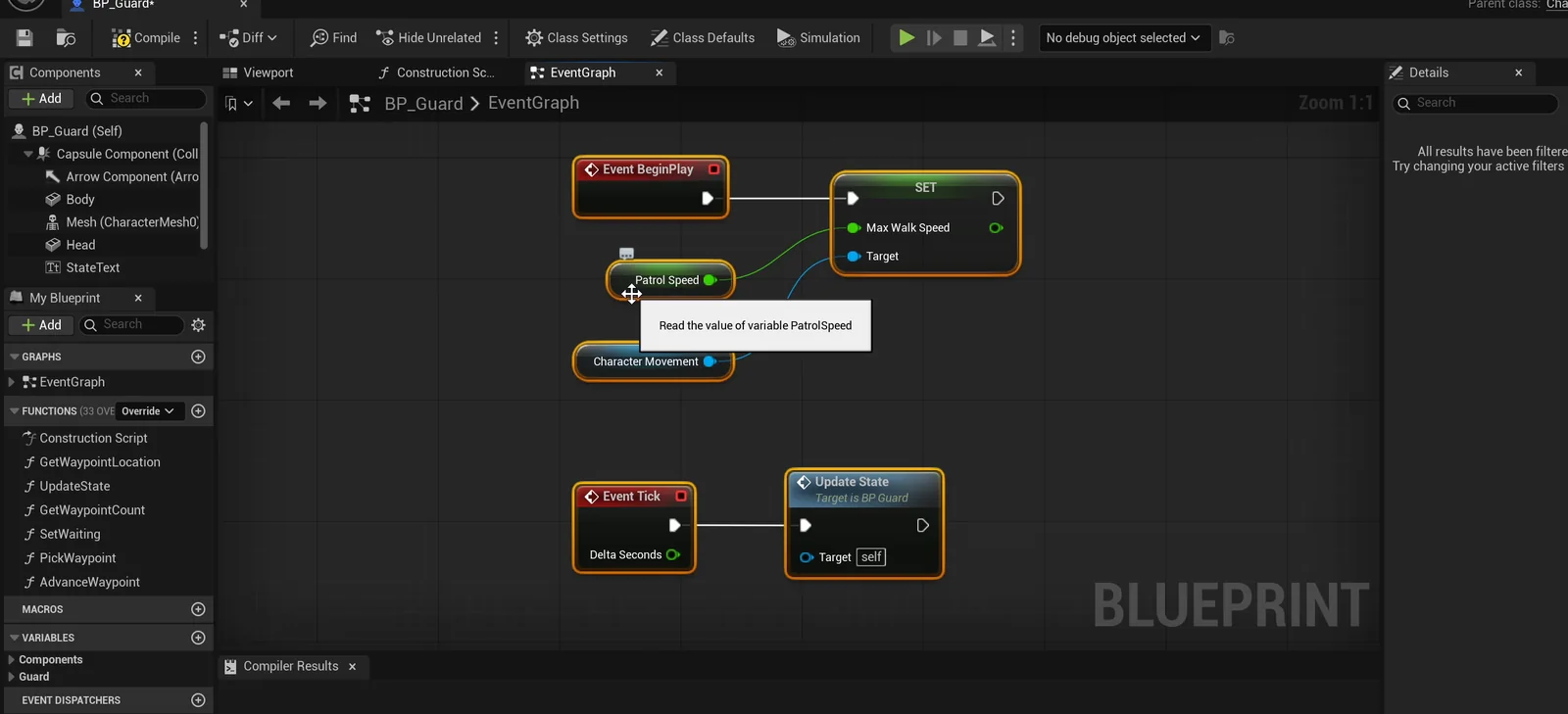 The BP_Guard event graph with BeginPlay setting the walk speed from Patrol Speed and Event Tick calling Update State