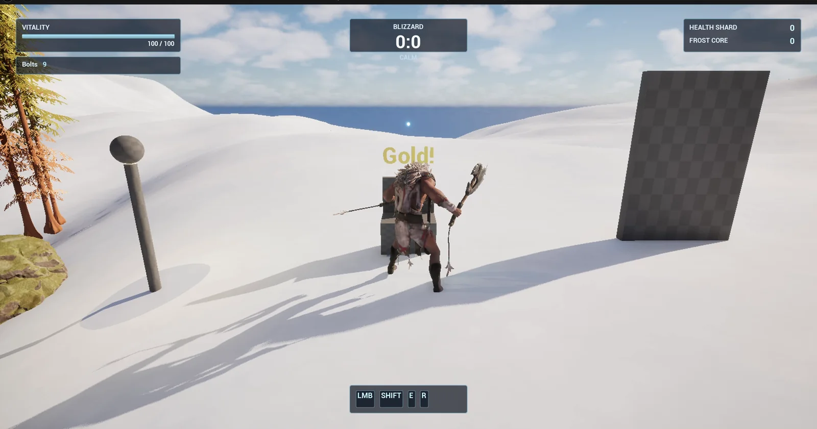 The player next to the chest with the Gold! text above it, a lamp post on the left and the door slab on the right