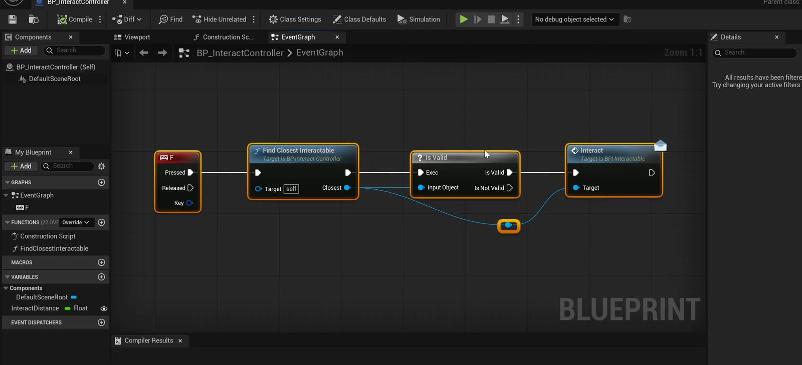 The BP_InteractController event graph with the F key, the closest interactable search and the Interact call