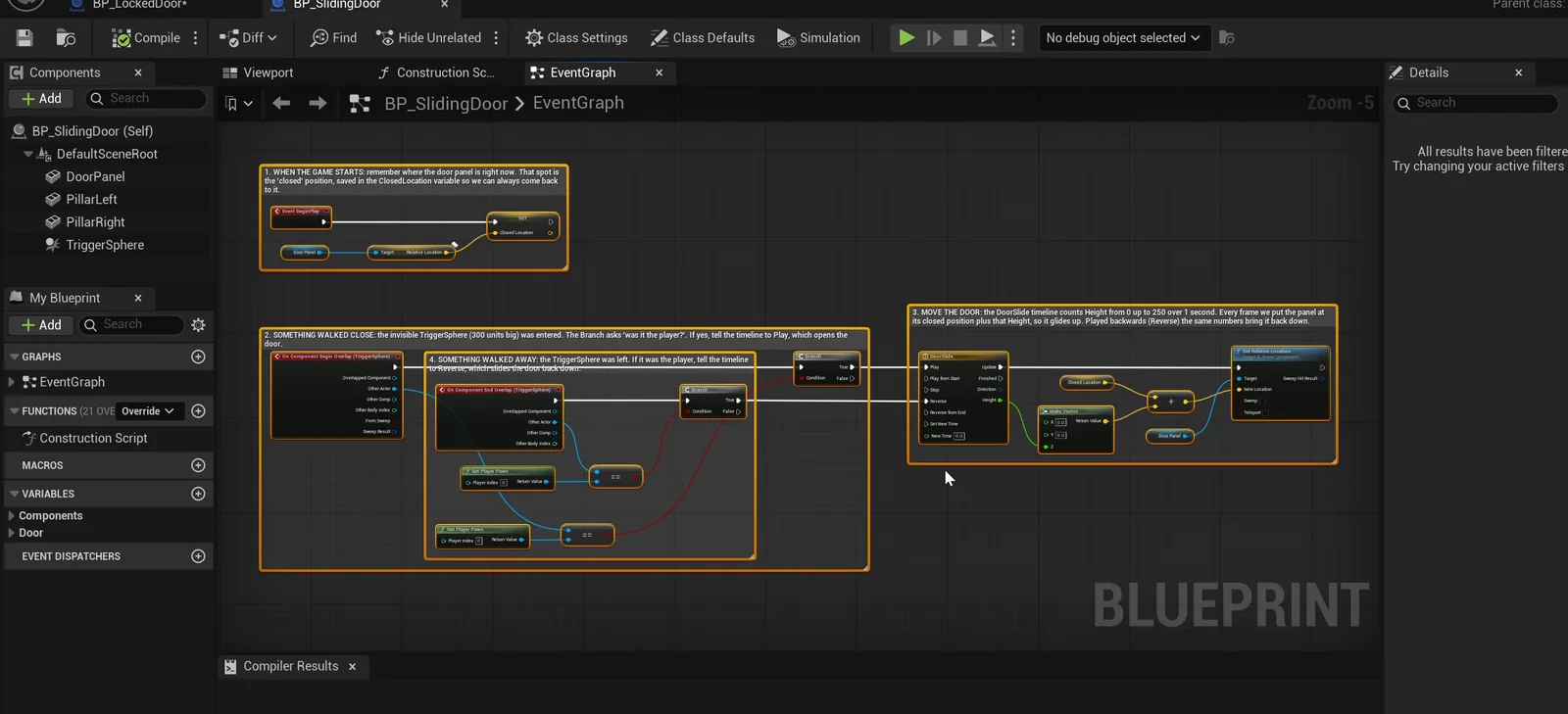 The BP_SlidingDoor event graph with yellow comment boxes around each part