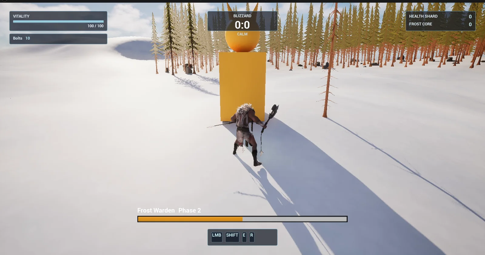 The orange Frost Warden boss with the Frost Warden Phase 2 label and a half empty orange bar at the bottom of the screen