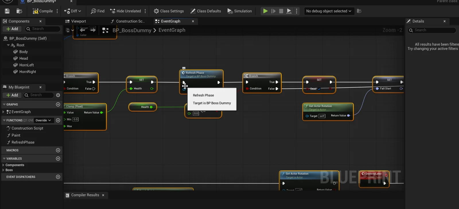 The BP_BossDummy event graph with the Refresh Phase call, a health clamp and the fall over logic