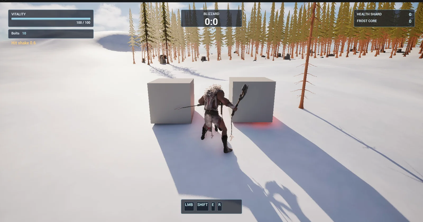 The player between two stone blocks in the snow, with the text Hit shake 0.6 under the Bolts counter