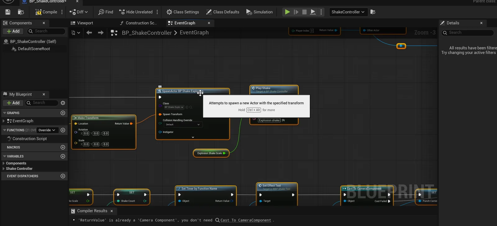 The BP_ShakeController event graph with a SpawnActor node for the explosion, a Play Shake node and a Cast To CameraComponent