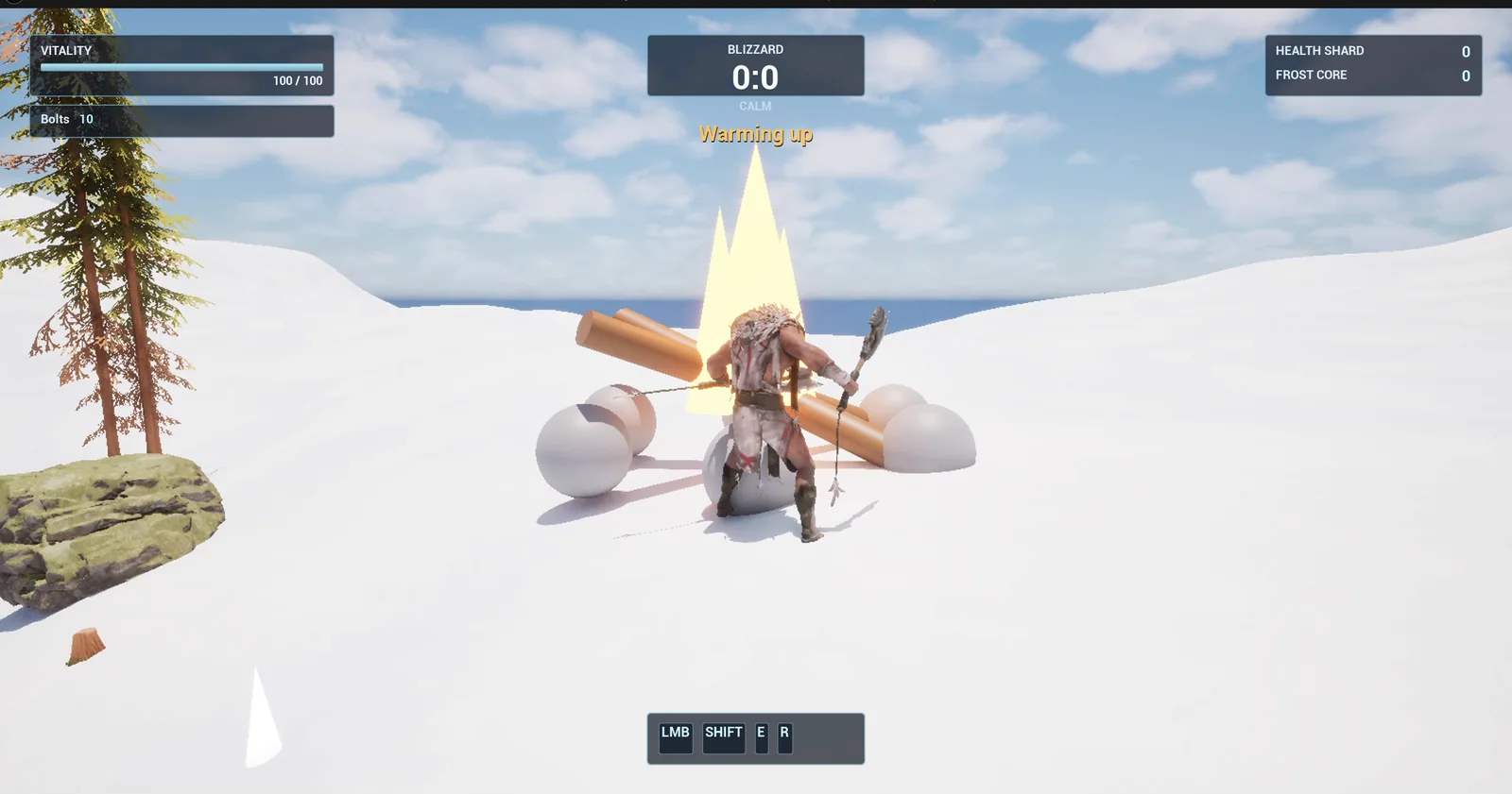 The player standing next to a campfire with flame cones and crossed logs and the Warming up text above