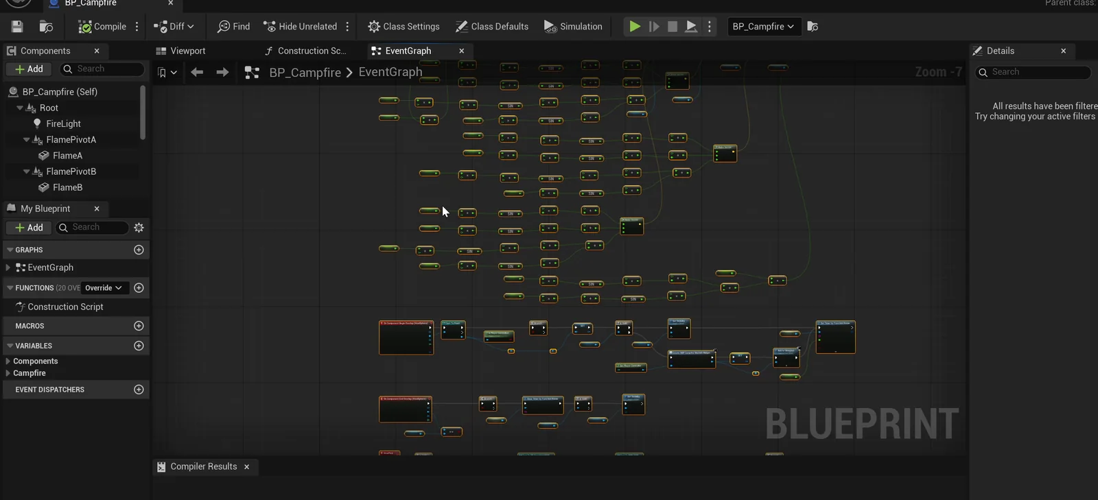 The BP_Campfire event graph with the flicker and heal timer logic