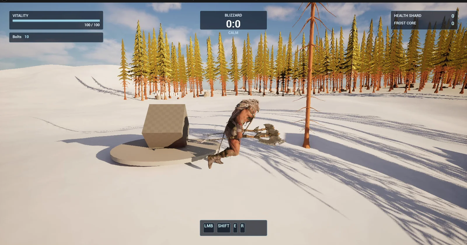 A cube resting on the round pad with the player standing next to it on the snow
