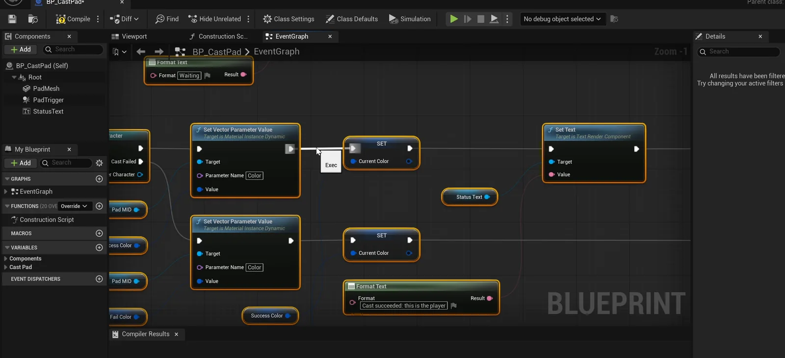 The BP_CastPad event graph with the cast and its success and failure branches