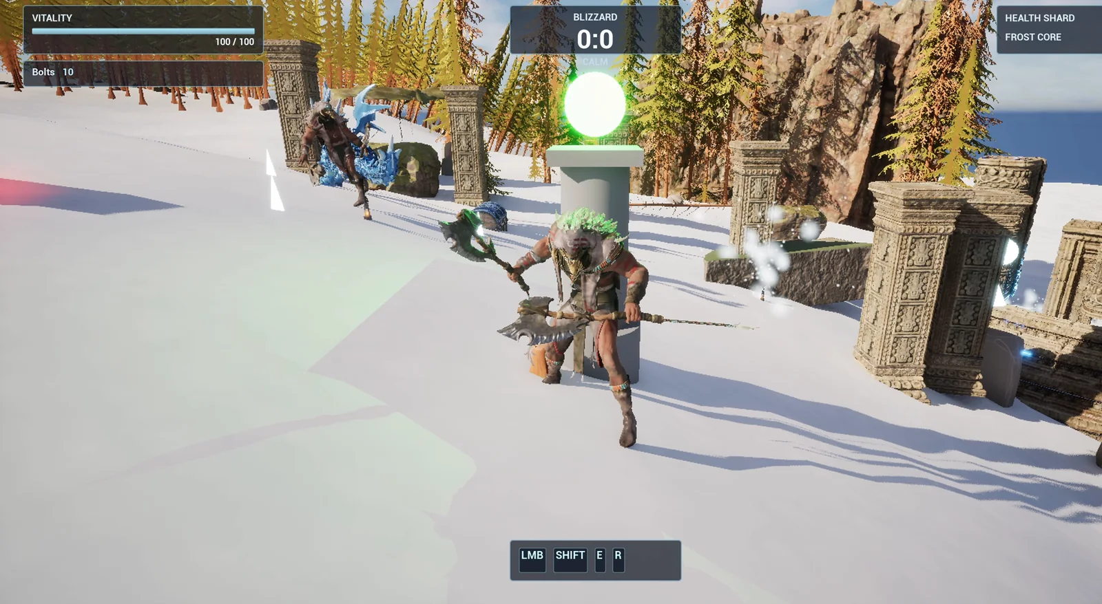 The player next to a stone pillar with a glowing green orb on the snow