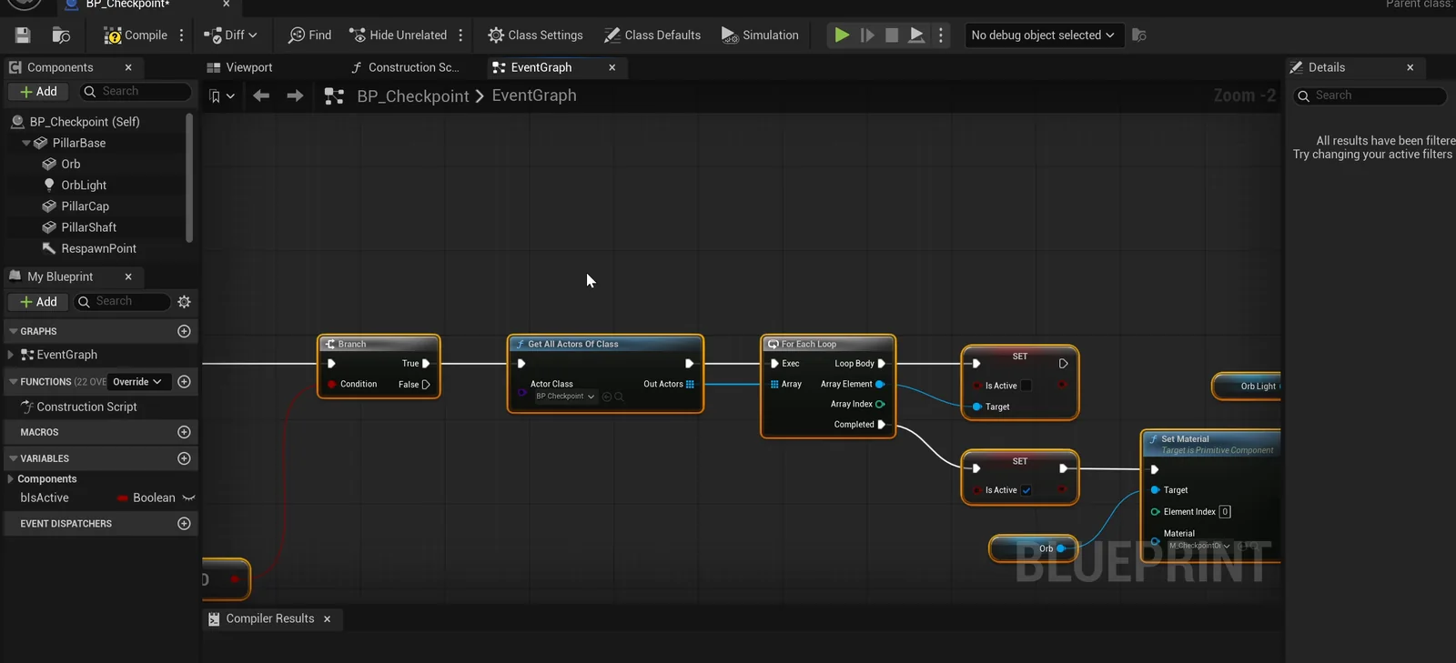 The BP_Checkpoint event graph that switches the active checkpoint