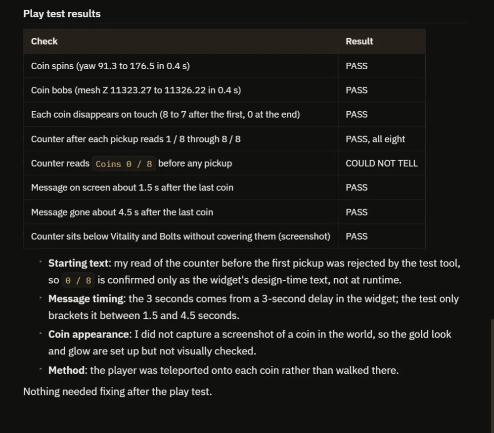 The AI report with the play test table and notes on what could not be checked
