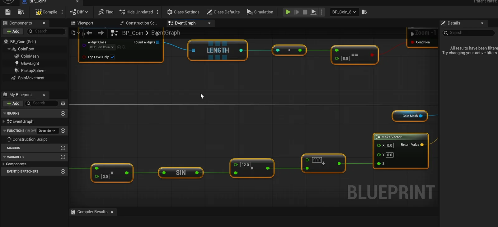 The BP_Coin event graph with the sine-based bobbing and the counter lookup