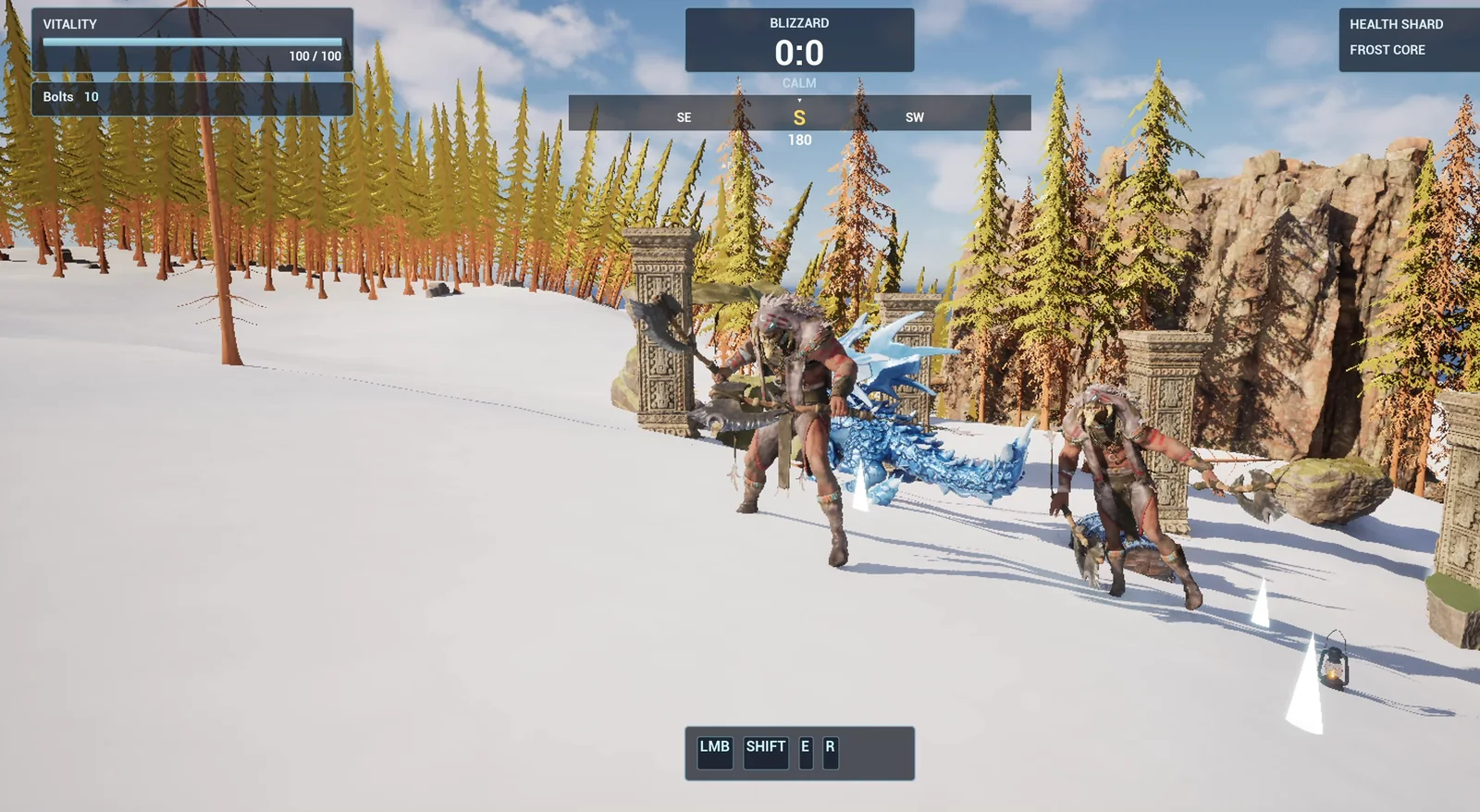 The compass bar at the top of the screen with a heading number under it while two characters stand on the snow