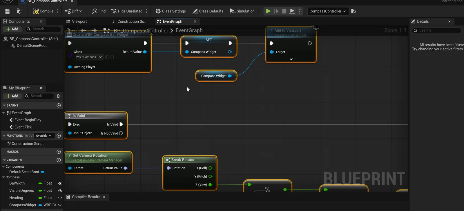 The BP_CompassController event graph reading the camera yaw each frame