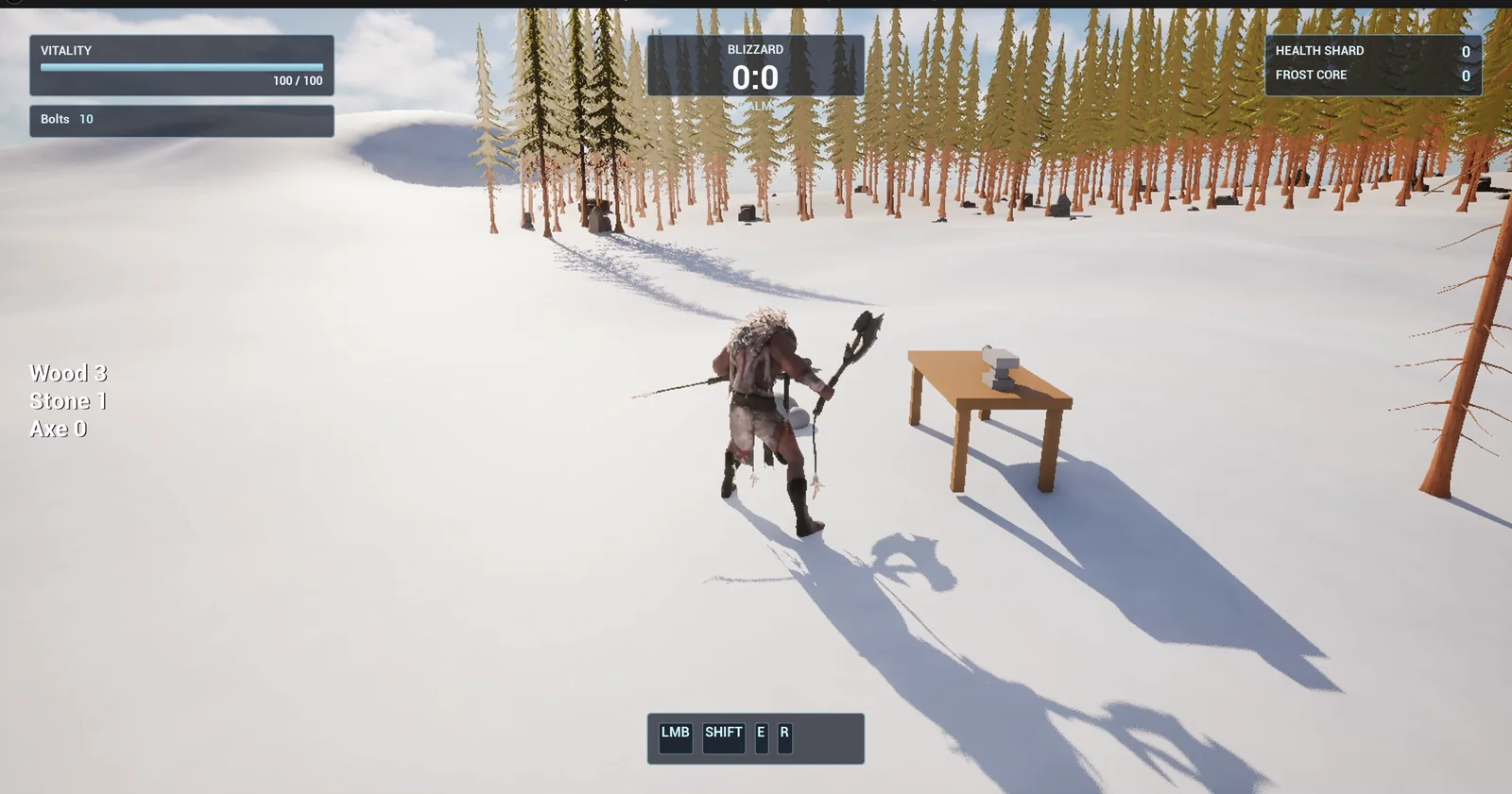 The player next to the wooden crafting table with a small anvil shape on top, and the list at the left edge reading Wood 3, Stone 1, Axe 0