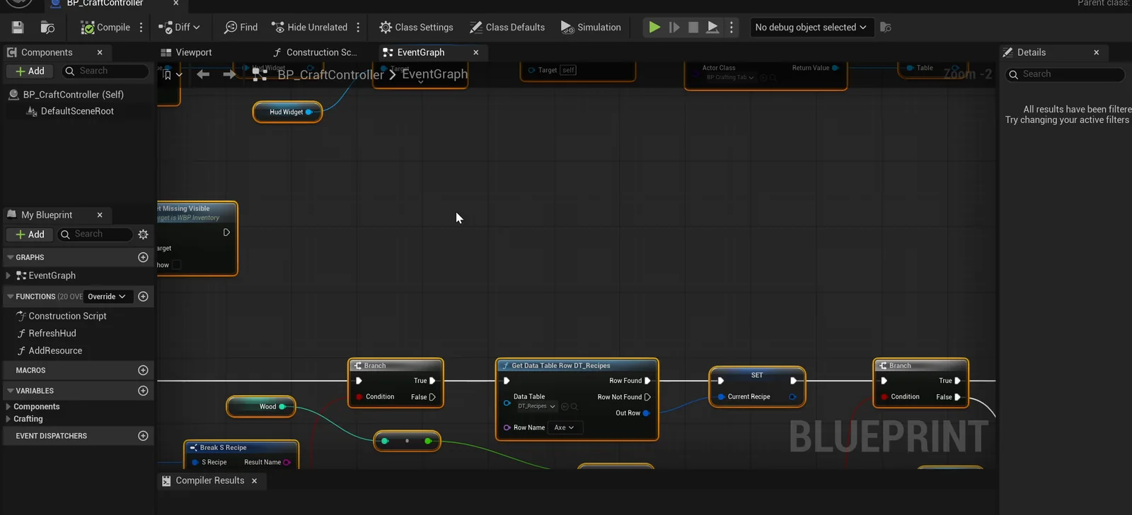 The BP_CraftController event graph with a Get Data Table Row node reading the Axe row from DT_Recipes, followed by branches