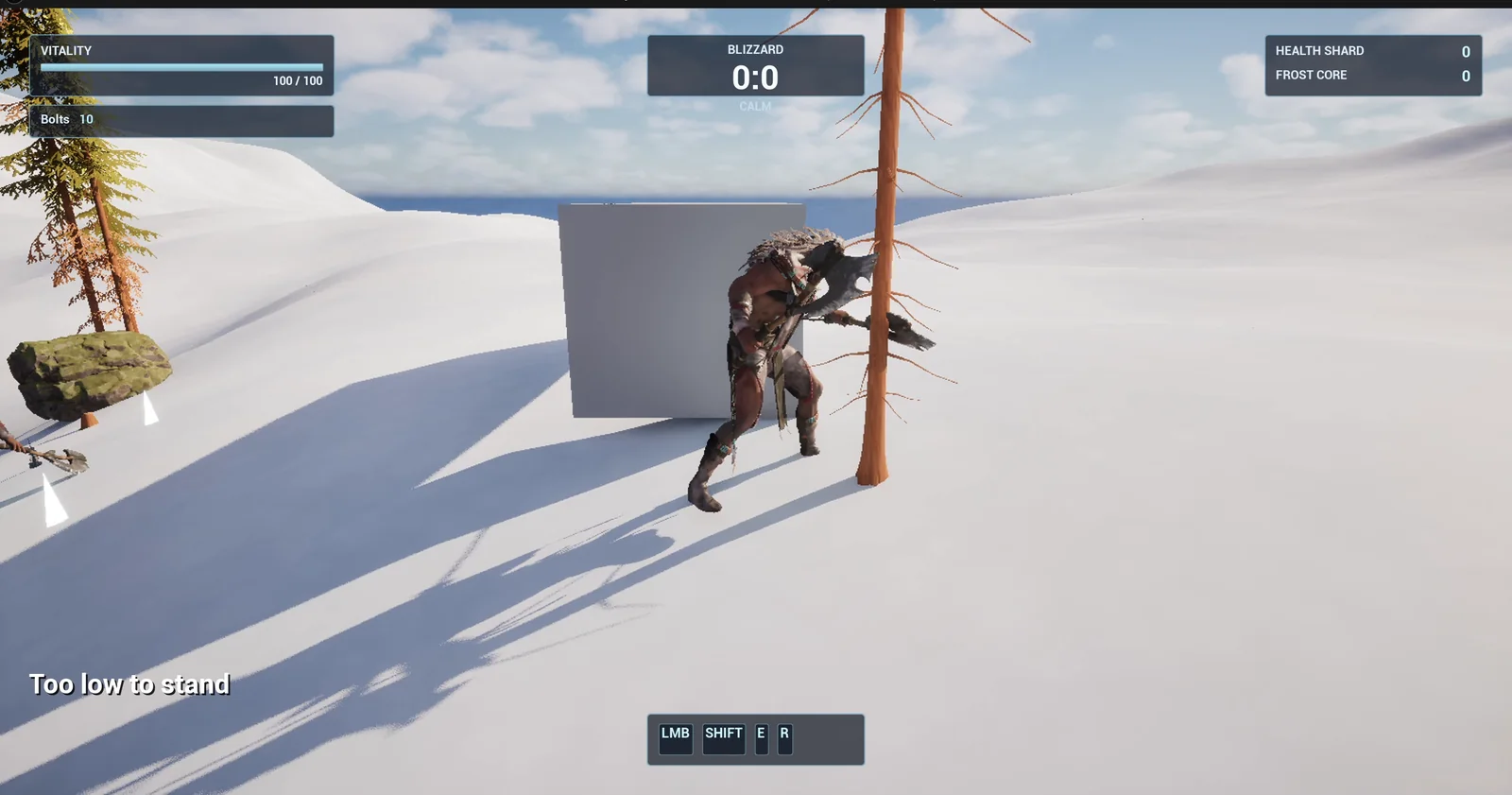 The player crouched next to the stone beam with the text Too low to stand at the lower left