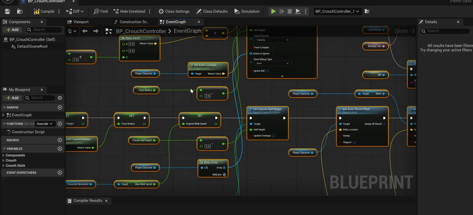 The BP_CrouchController event graph with the crouch toggle and the upward capsule trace