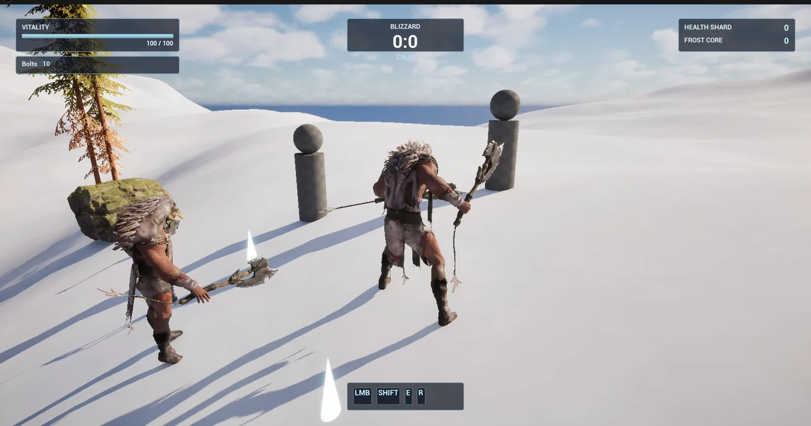 The player standing near two training dummies on the snow