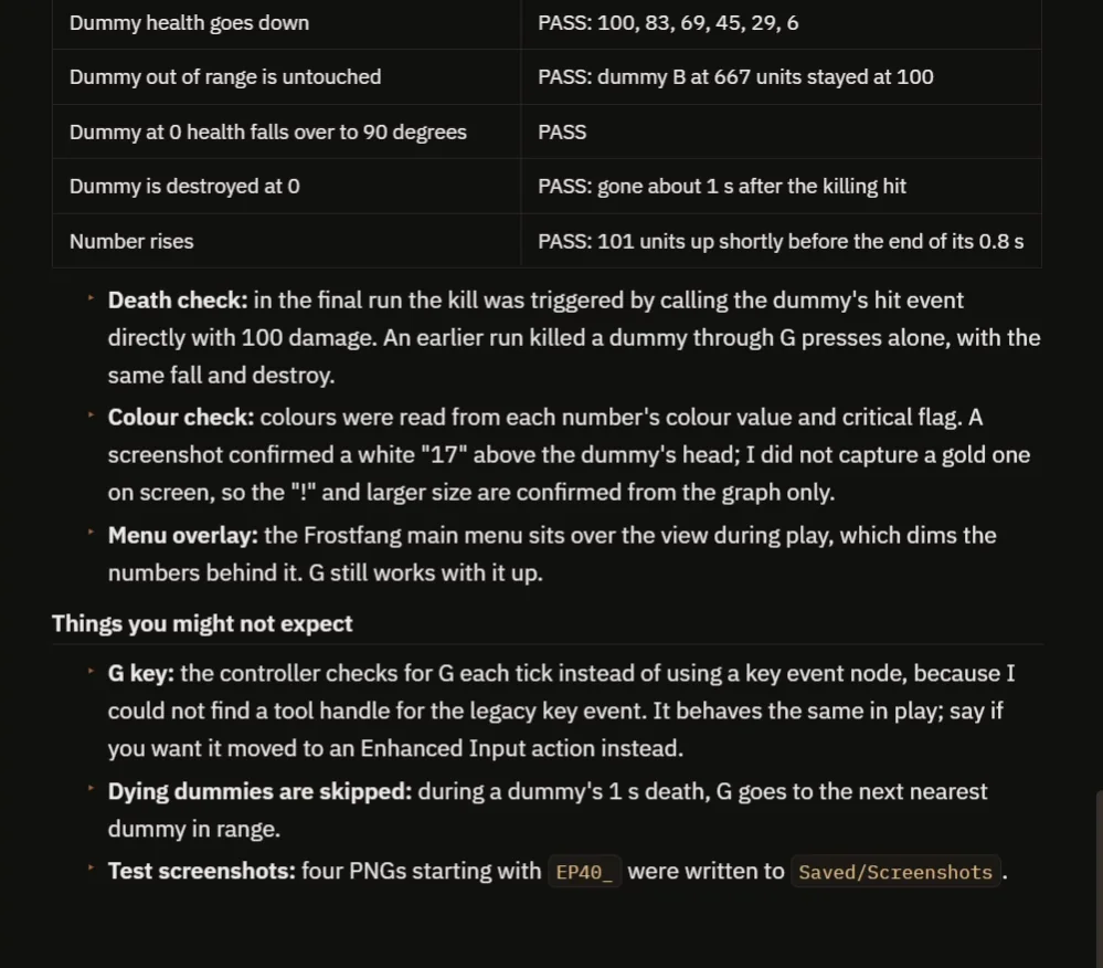 The AI report table with the five hits, the health values and the things you might not expect