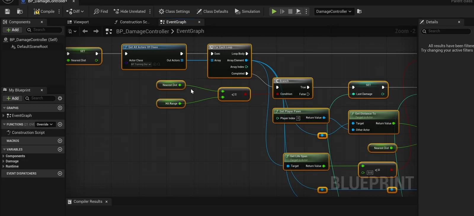 The BP_DamageController event graph with the nearest dummy search and the spawn of the number