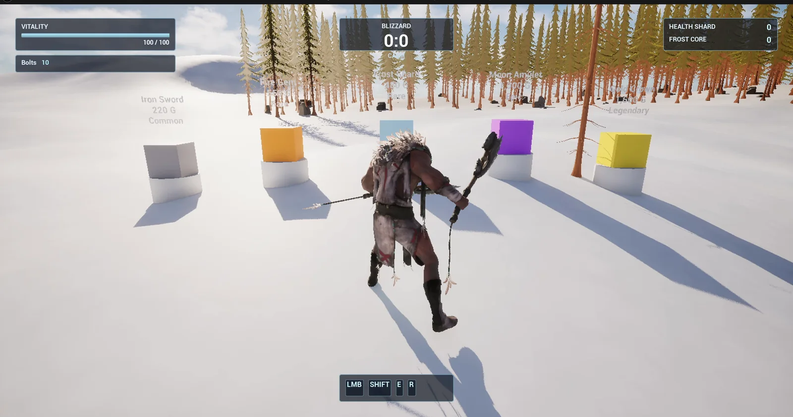 Five plinths in a row with colored cubes and text above them, with the player standing in front