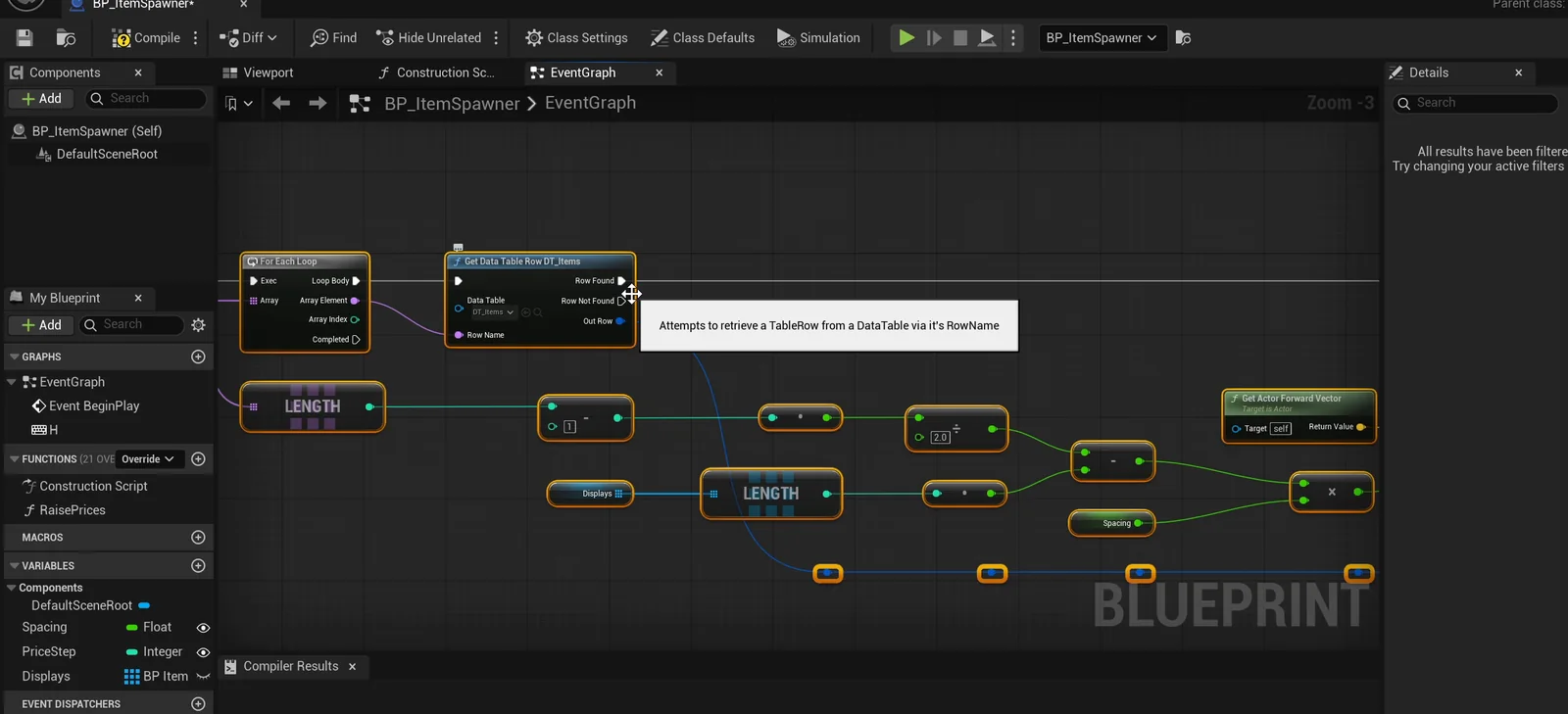 The BP_ItemSpawner event graph that reads the table rows on BeginPlay