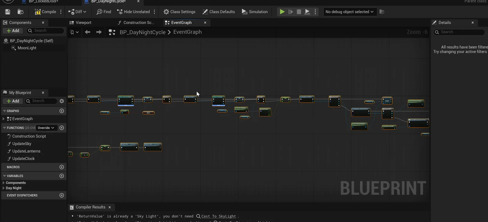 The BP_DayNightCycle event graph