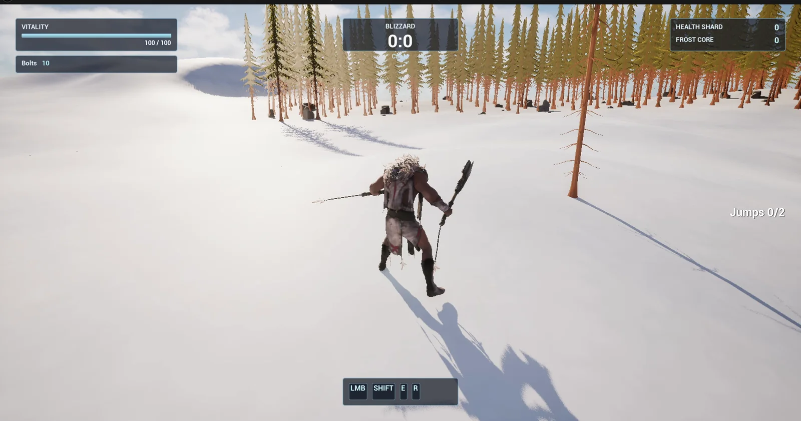 The player in the snow with the faint Jumps 0/2 counter at the right edge of the screen