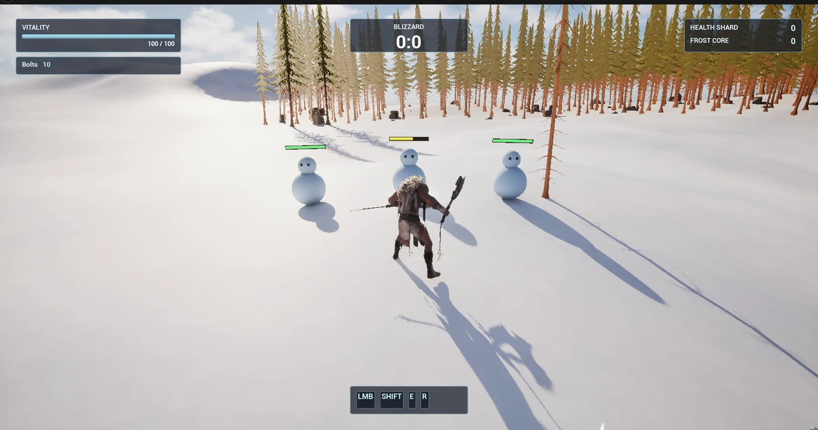 Three snow golems with floating green health bars above them and the player standing among them