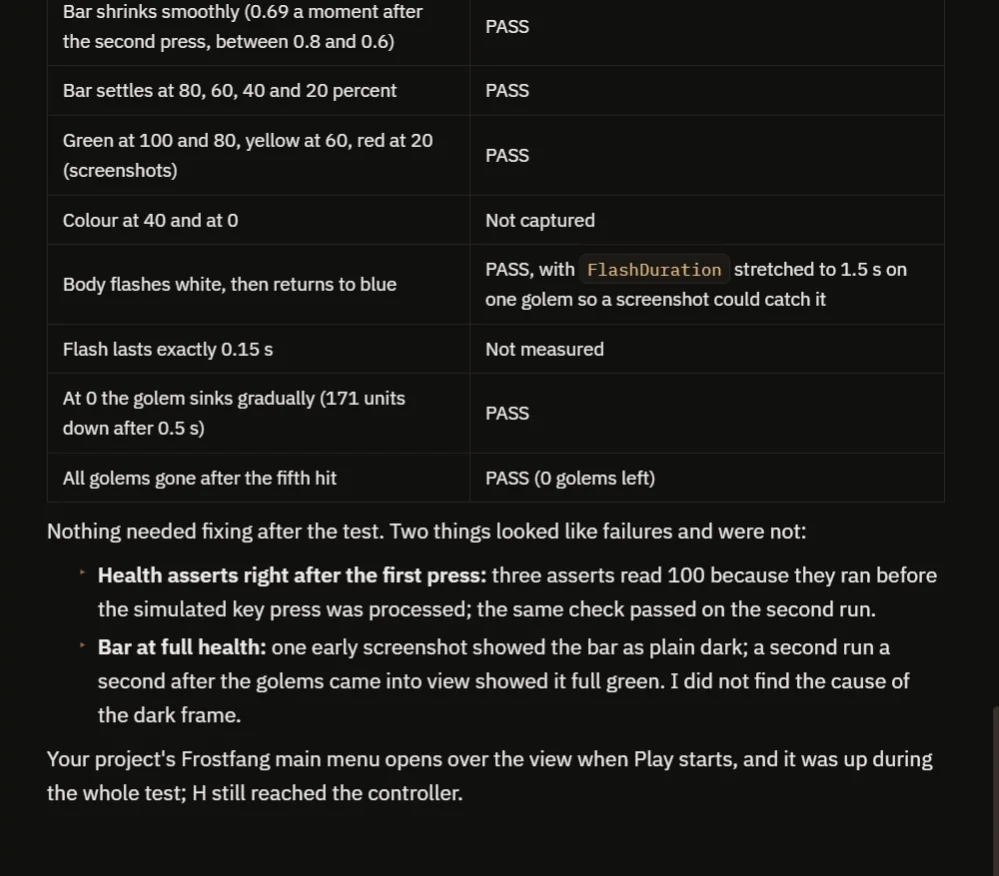 The AI report with the bar checks and the two things that looked like failures