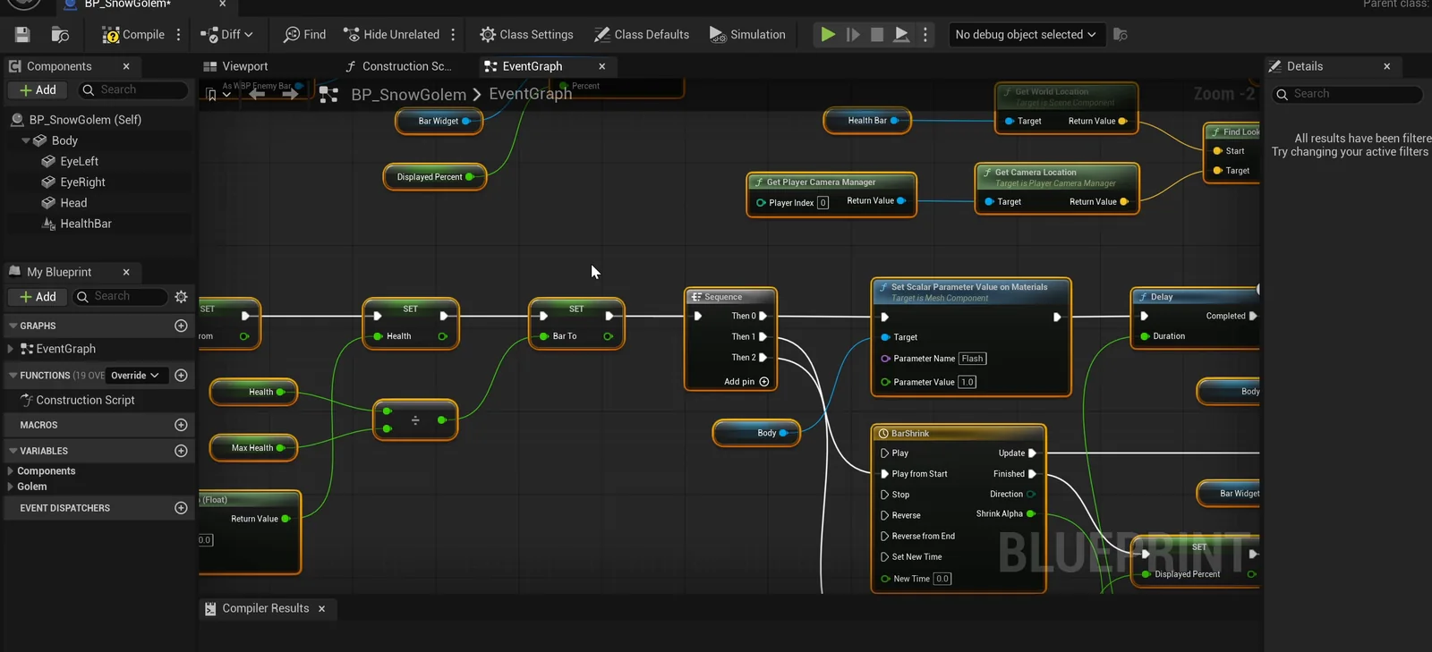The BP_SnowGolem event graph with the health update, the flash and the sink timelines