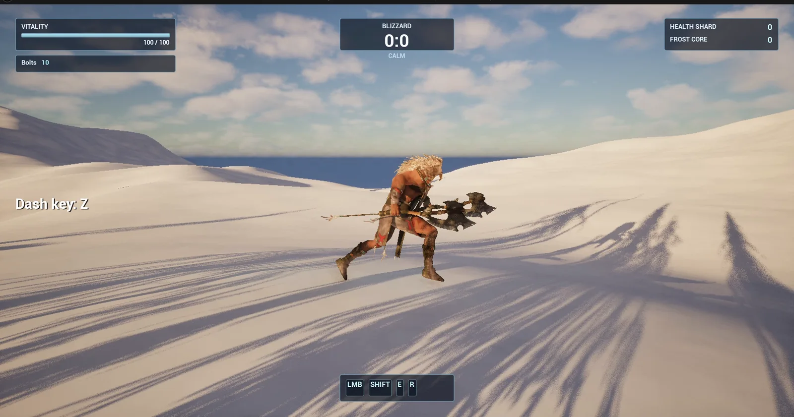 The player in the snow with the text Dash key: Z on the left side of the screen