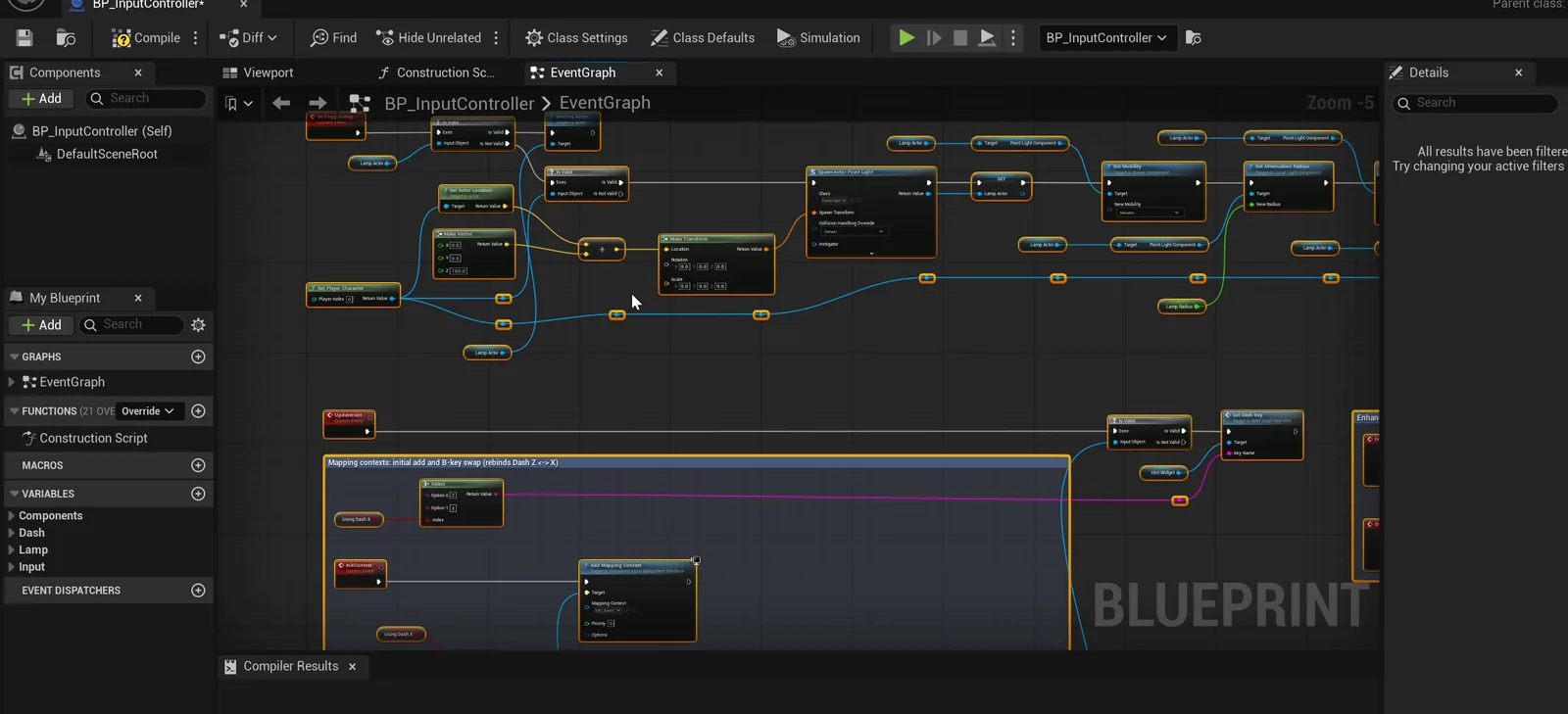 The BP_InputController event graph with the Enhanced Input events and the context swap