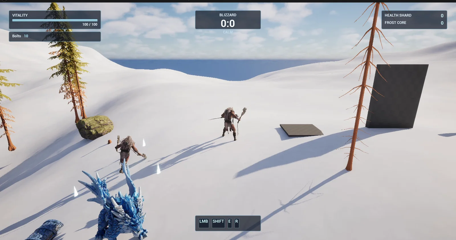The floor button on the snow in front of the tall door, with the player standing nearby