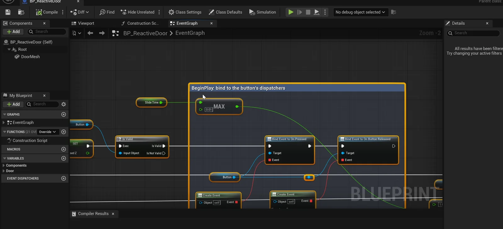 The BP_ReactiveDoor event graph with the BeginPlay bind to the button's dispatchers