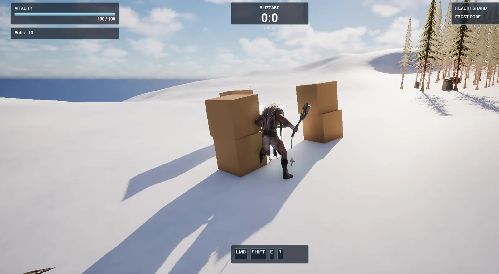 The player standing next to a stack of wooden crates on the snow