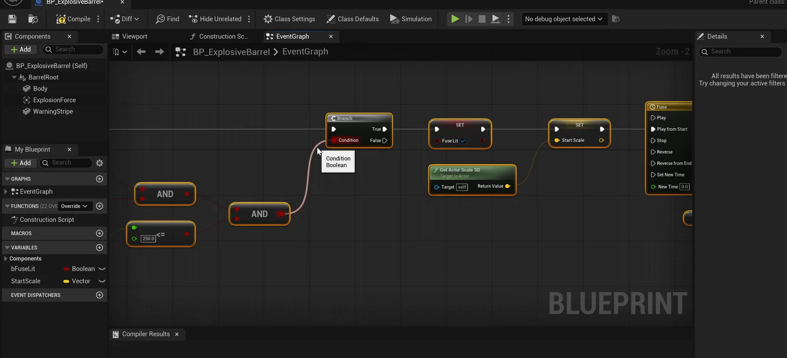 The BP_ExplosiveBarrel event graph with the fuse flag and the explosion