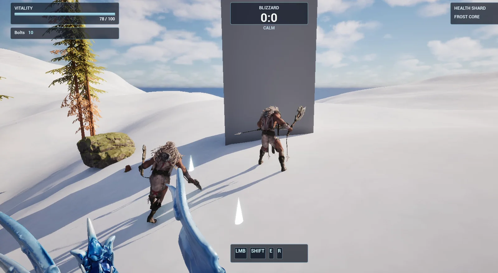 The player on the snow near the tall stone tower used for the test drops