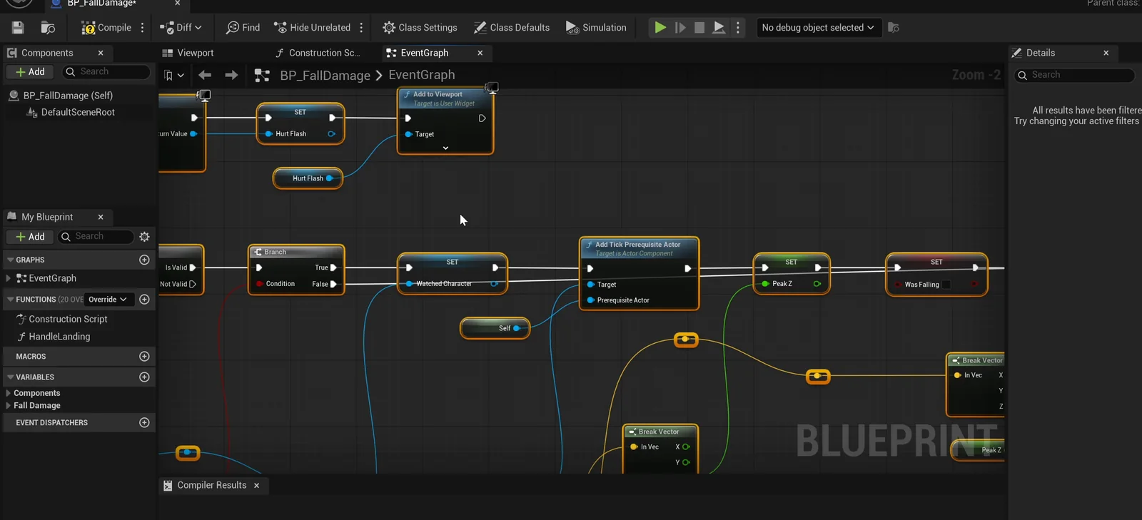 The BP_FallDamage event graph with the landing detection and damage calculation