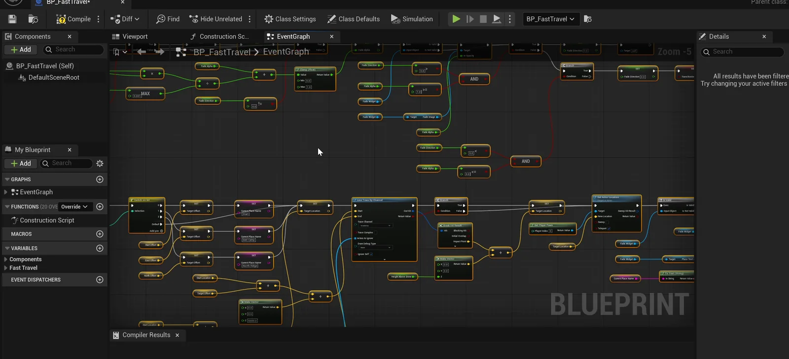 The BP_FastTravel event graph with the fade, move and place name sequence