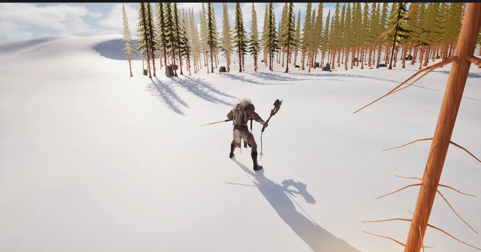 The player running through the snow among trees before collecting any orb