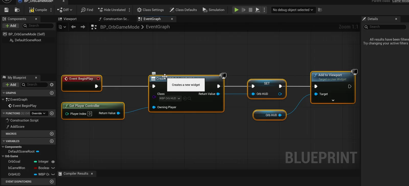 The BP_OrbGameMode event graph that creates the HUD widget on BeginPlay